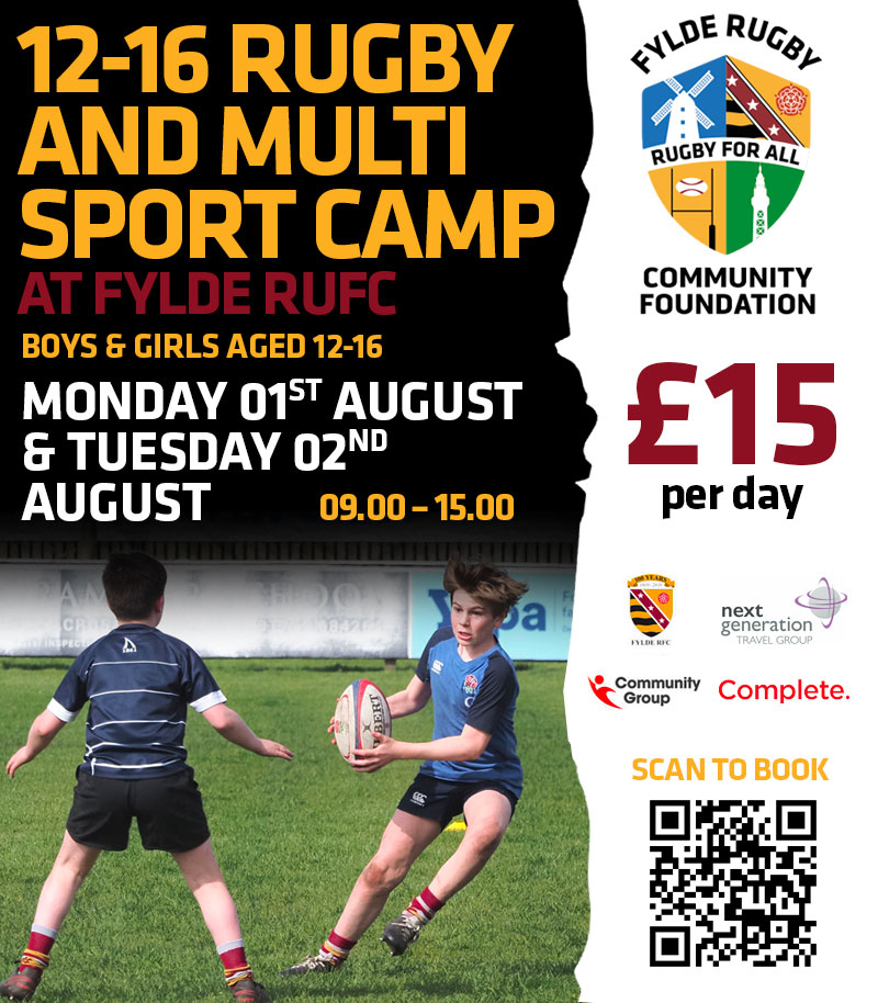 12-16 Rugby & Multi-Sport Camp at Fylde Rugby Club! 01st and 2nd August 2022. Ages 12-16, £15 per day