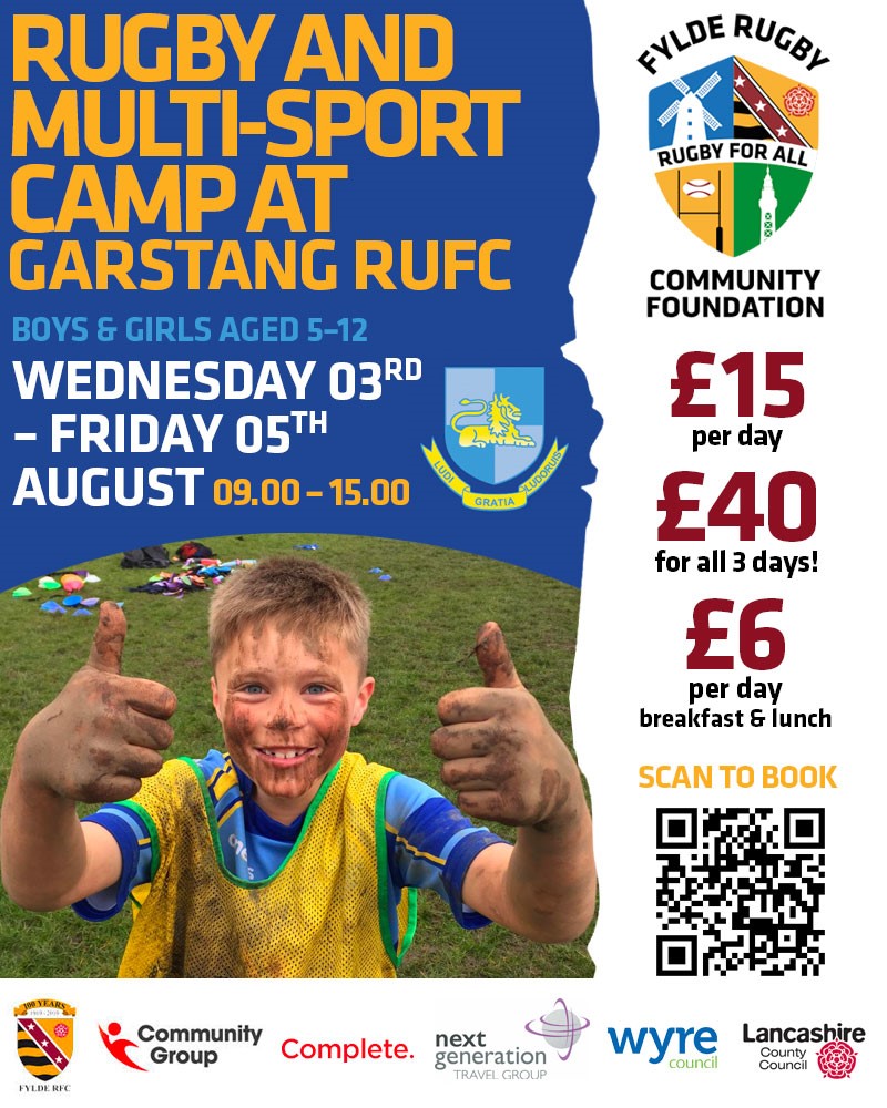 Wooden Spoon Rugby & Multi-sport Camp at Garstang Rugby Club! 03rd, 04th & 05th August 2022 Ages 5-13, £15.00 per day and £40 for all 3 days ! 