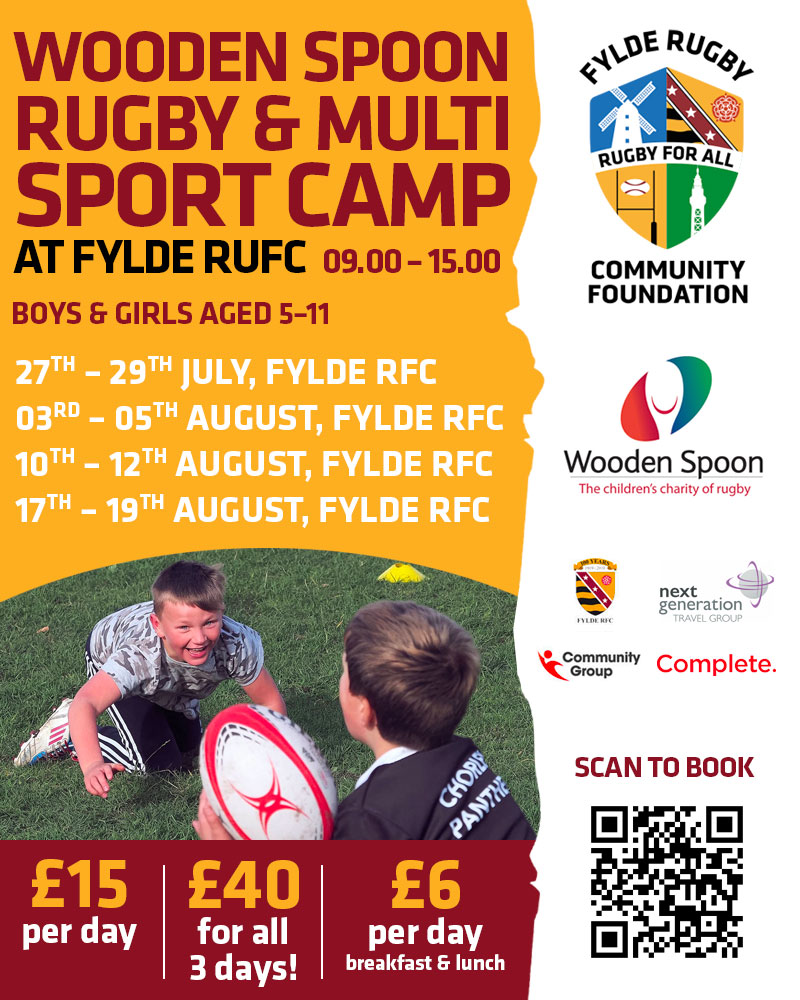 Wooden Spoon Rugby & Multi-sport Camp at Fylde Rugby Club! 27th, 28th & 29th July 2022 Ages 5-11, £15.00 per day and £40 for all 3 days ! 